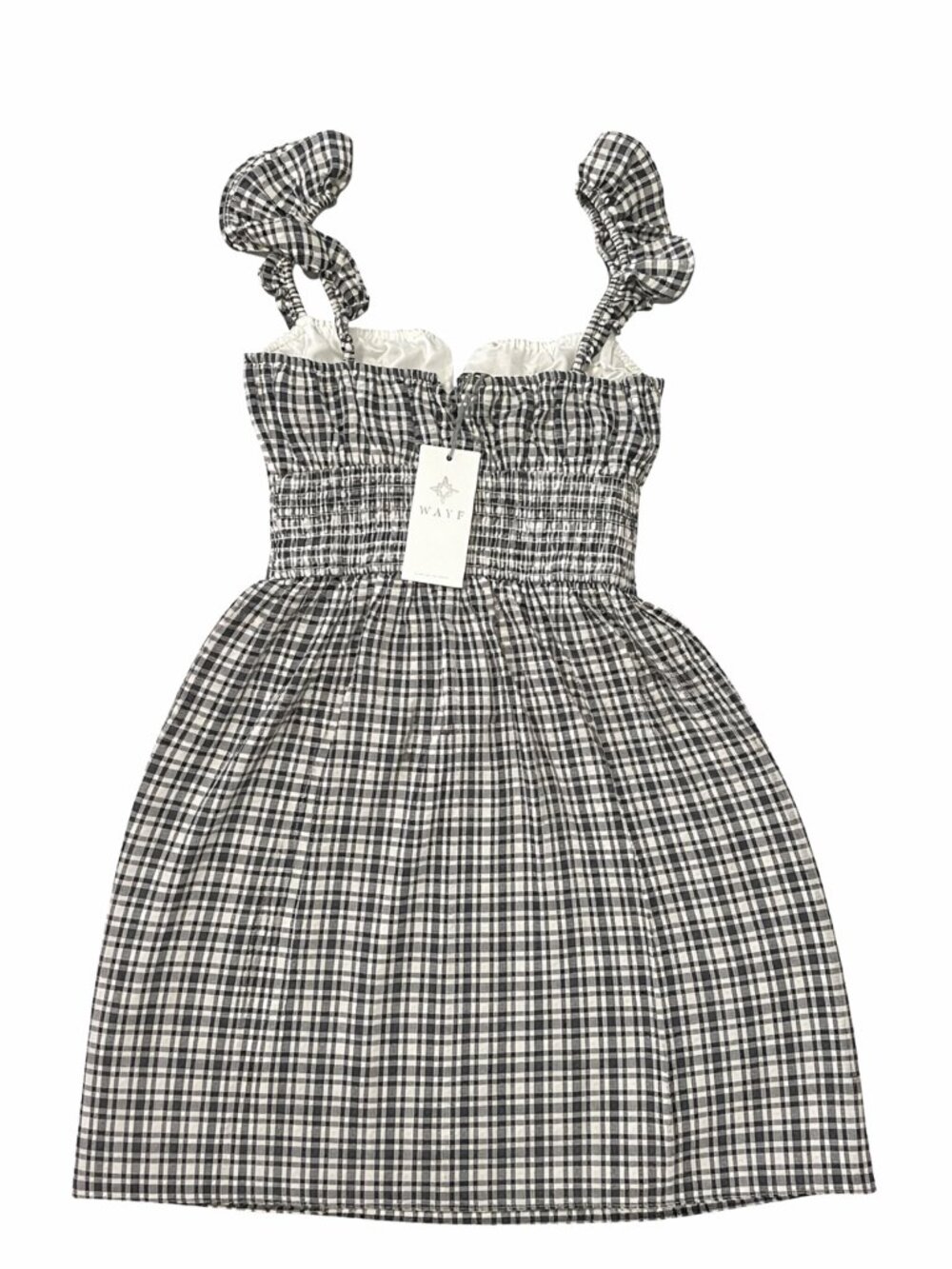 WAYF Women’s Black White Gingham Smocked Mini Dress Ruffle Straps XS NWT - Picture 3 of 4